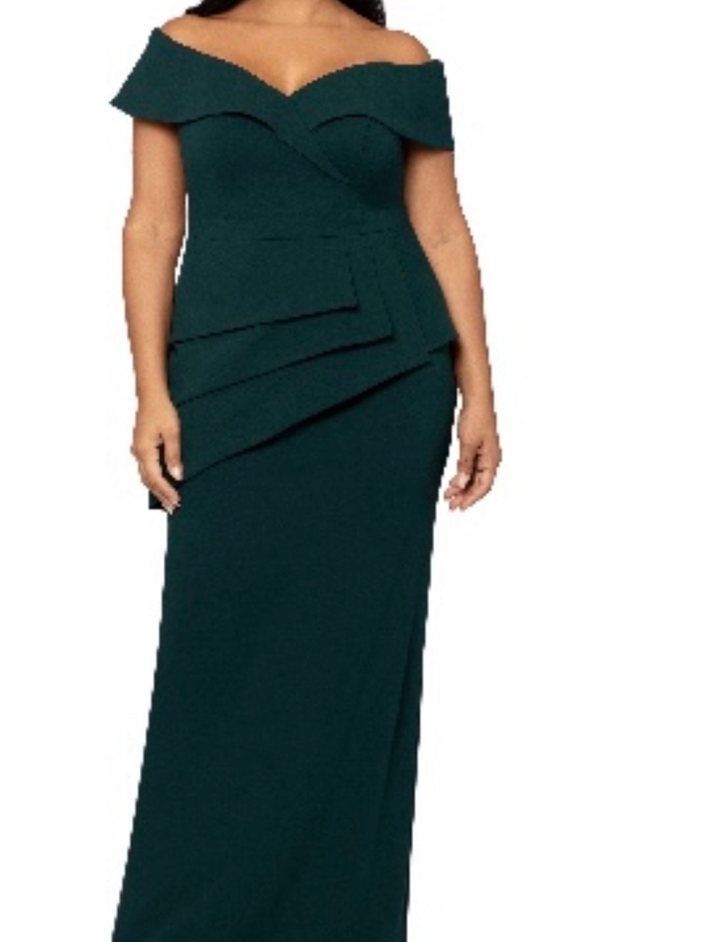 Xscape Off Shoulder Dark Pine Evening Gown